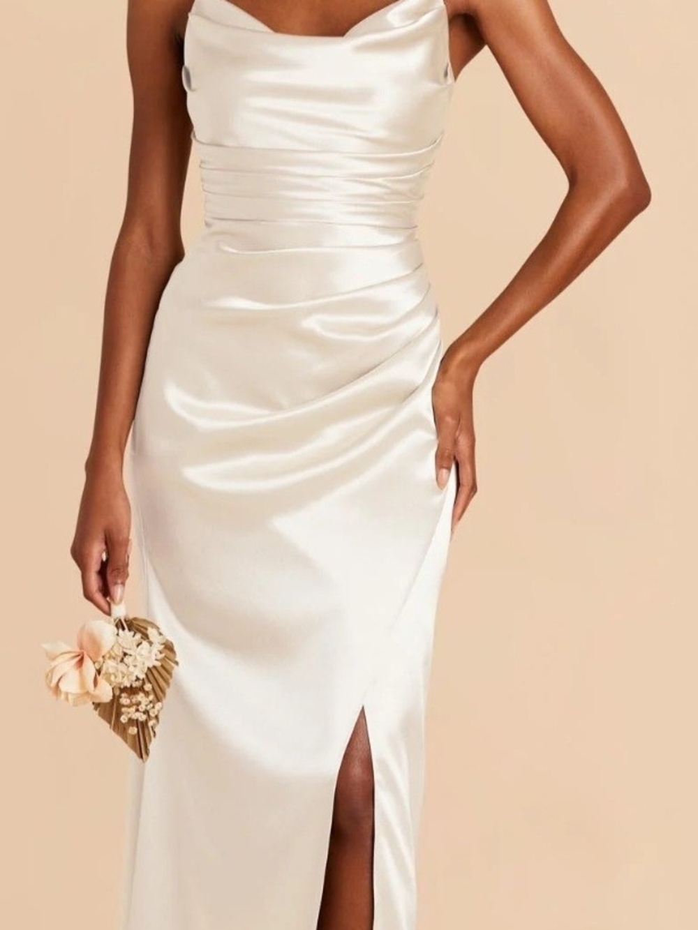 Birdy Grey Ivory Satin Cowl Neck Maxi Dress with Front Slit
